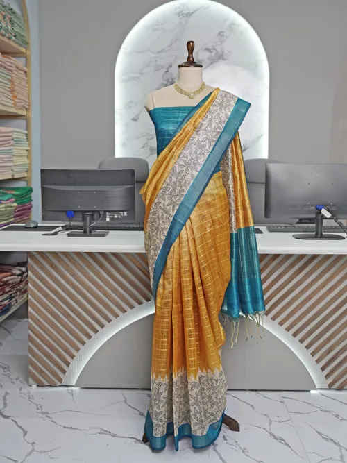 Elegant Semi Tussar Silk Saree with Artistic Prints & Trendy Checks – Includes Printed Blouse with Tassels